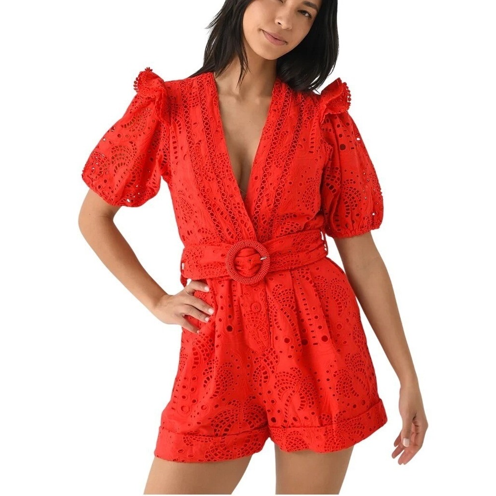 NWOT Farm Rio Small Red Eyelet Belted Puff Sleeve Boho Chic Romper Resortwear
